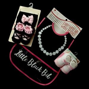 The Cutest “LITTLE BLACK BIB” with Two Pair of Matching Booties Plus Headband